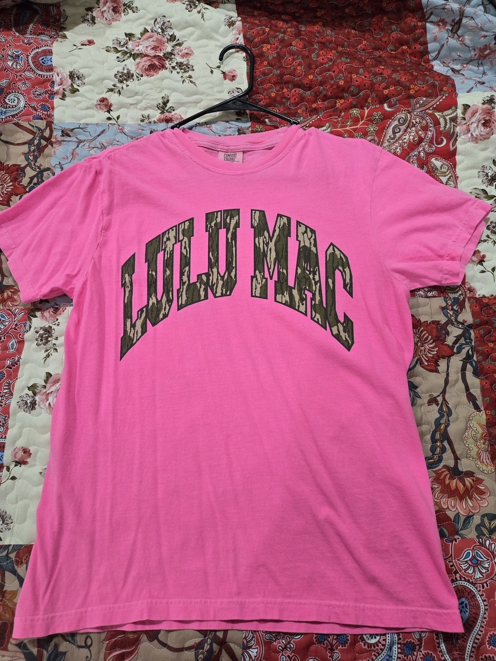 Comfort Colors Bright Pink Tee with Camo 'LULU MAC' Logo